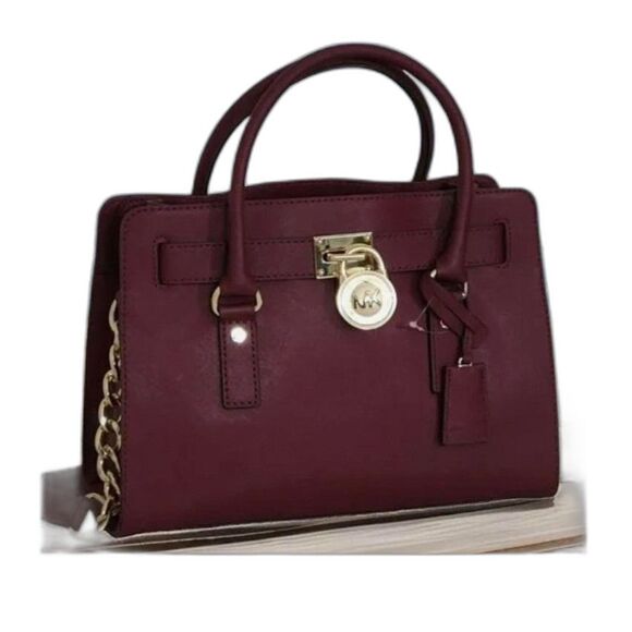 Michael Kors Hamilton Burgundy Saffiano Leather Satchel Chain Strap Shoulder Bag - Picture 1 of 16